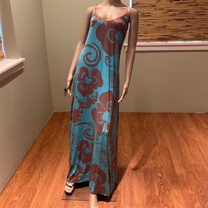 Boutique Blue Brown Orange Floral Maxi Dress With Lacing At Back Size L